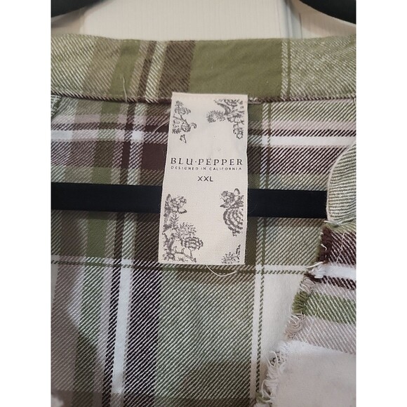 Blu Pepper Size XXL Green Plaid Frayed Hem Button Down Shirt/Jacket Pockets - Picture 4 of 13